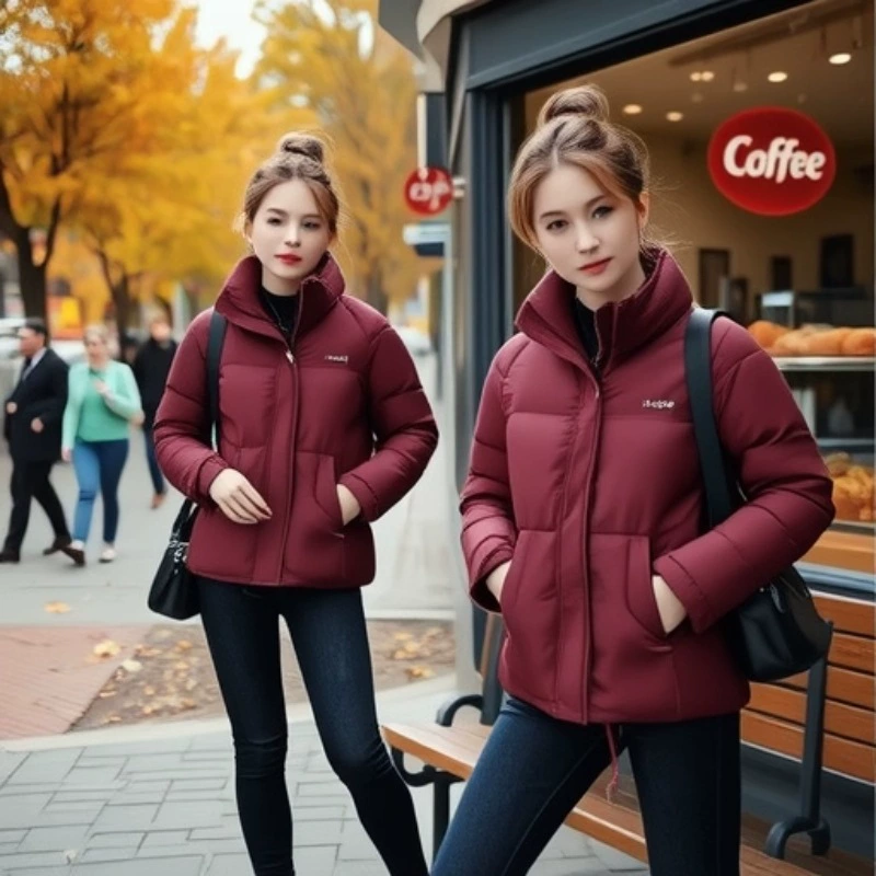 Пуховая хлопковая куртка женская короткая Ангора красный воротник-стойка 2025 новая утолщенная теплая куртка модная маленькая хлопковая куртка