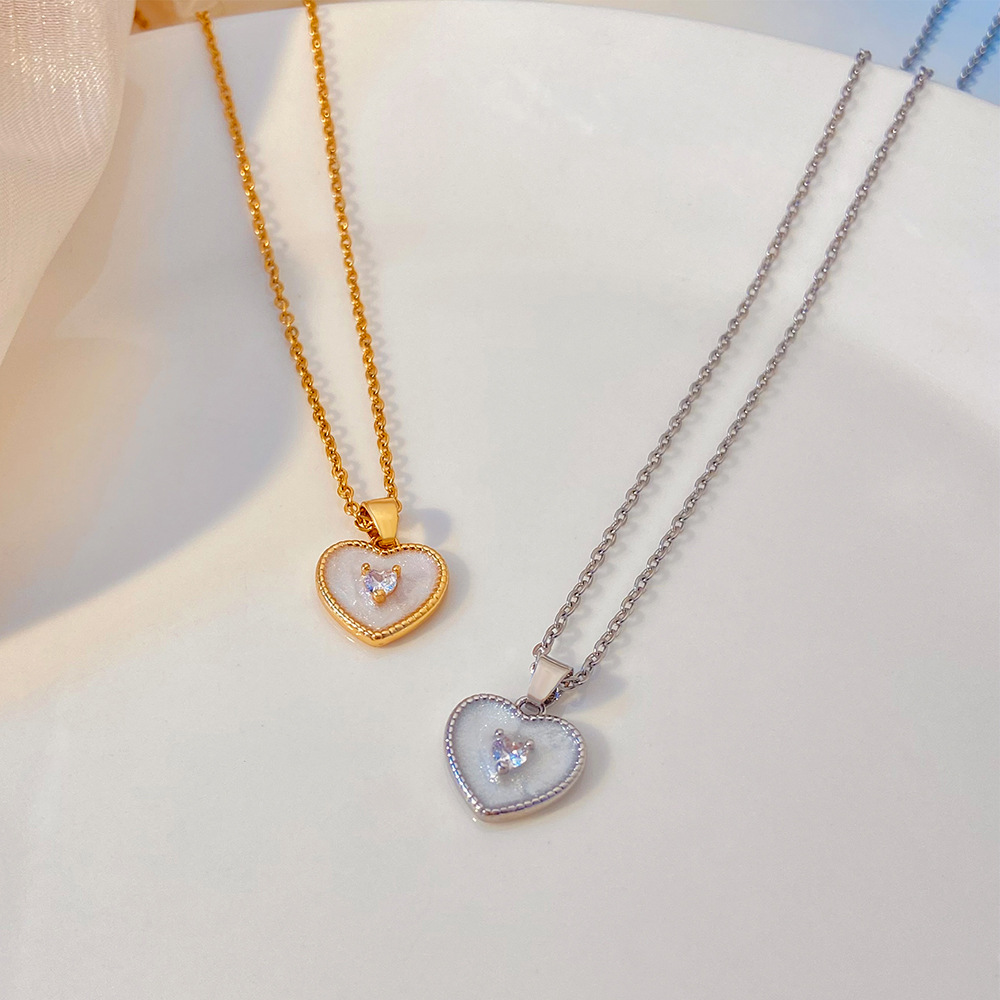 Fashion Heart Shape Copper Necklace Inlay Shell Zircon Copper Necklaces