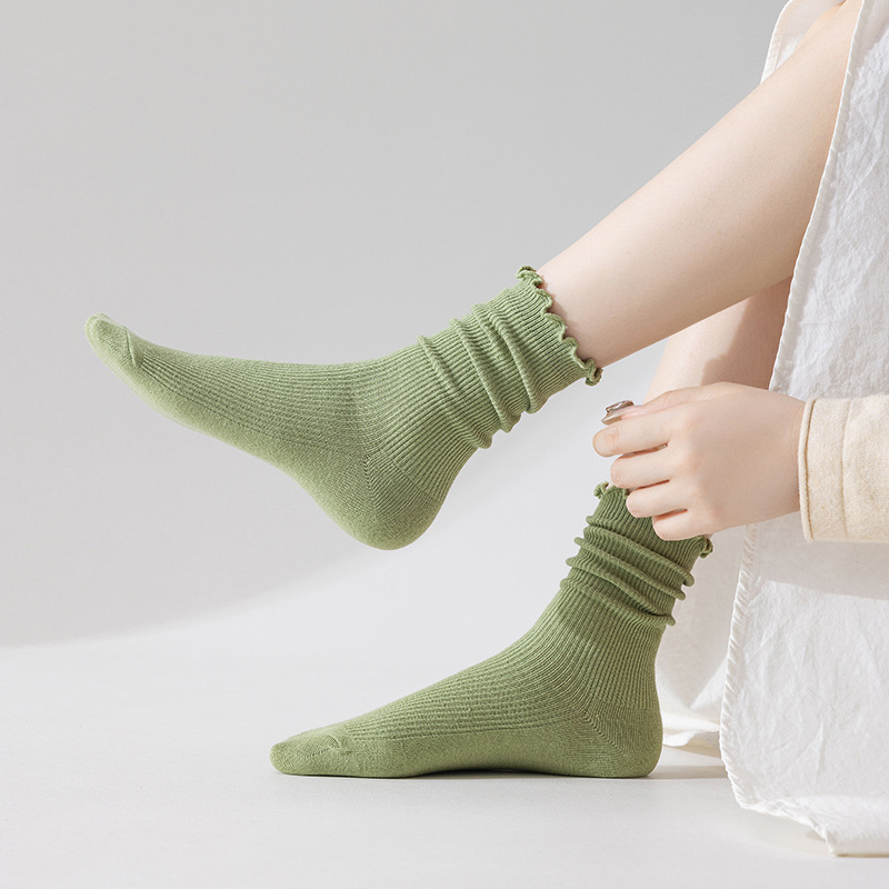 Damen Crew Socken Mit Wellensaum Für Herbst Und Winter Einfarbig_voghion.com