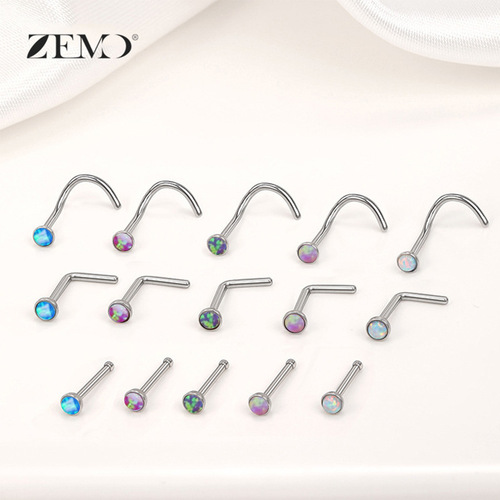 Cross-border hot selling personalized Opal nose nail piercing, Haoshi nose ring 316L stainless steel straight rod nose piercing jewelry