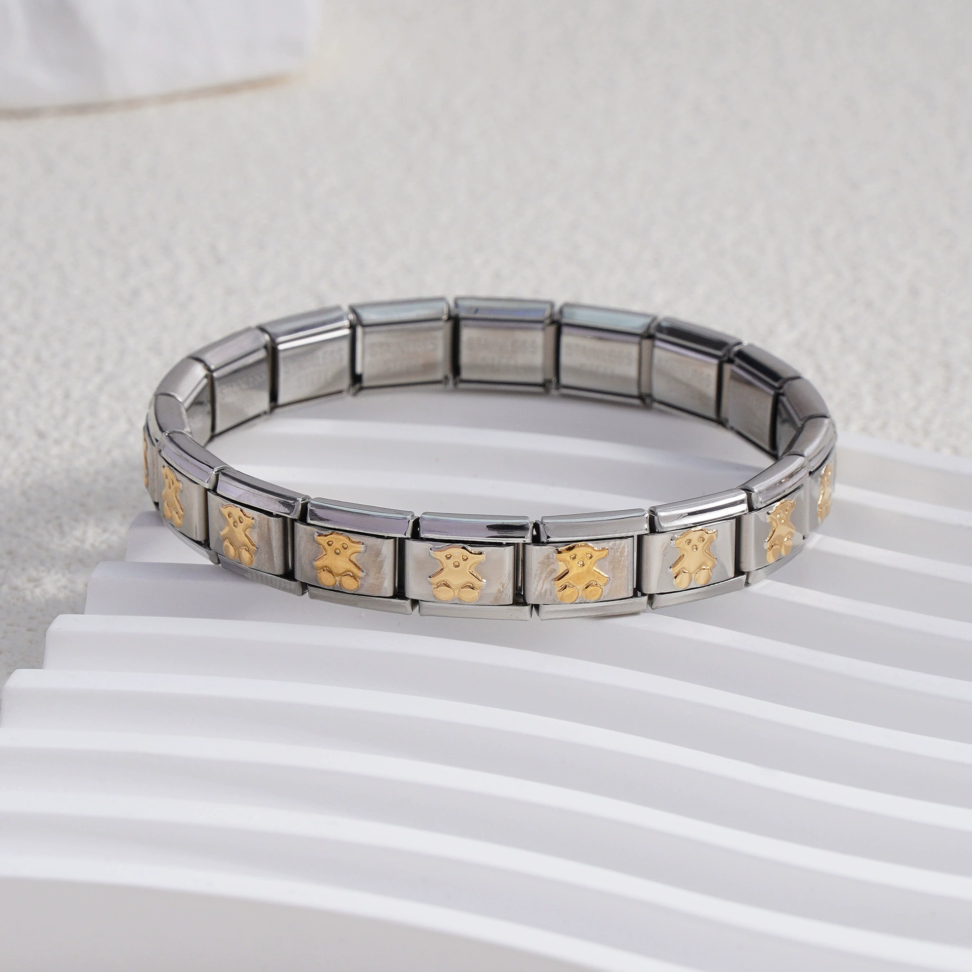 stainless steel bracelet, removable elastic link watch strap, italian european style, assorted charms