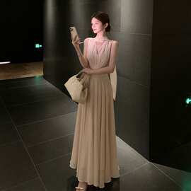 法式气质名媛飘带领雪纺连衣裙女夏季宴会度假收腰显瘦大摆长裙