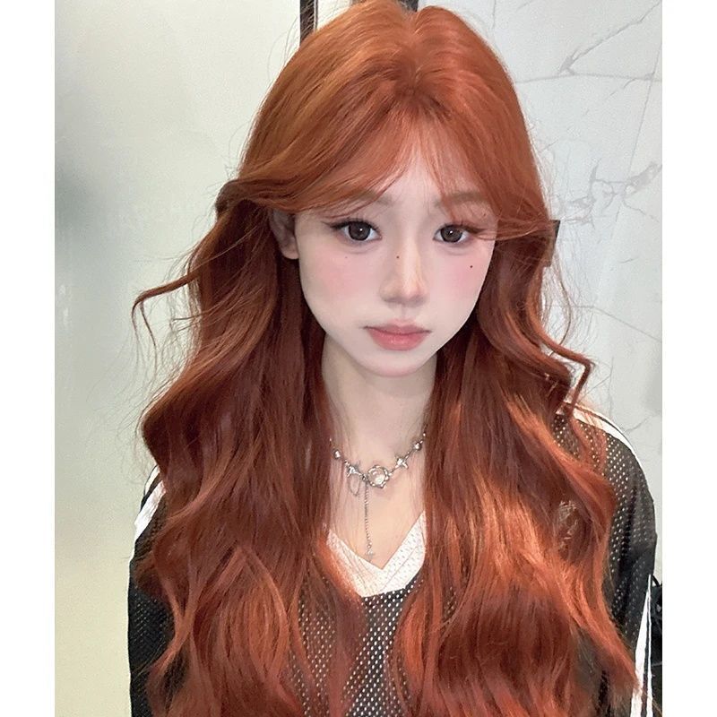 [Orange Soda] Dirty Orange Dopamine Wig Female Long Curly Hair Sweet and Cool齐 Bangs Simulated Human Hair Headgear