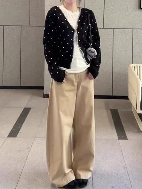 韩系黑色波点V领假两件针织开衫外套女秋季新款慵懒宽松毛衣上衣|undefined