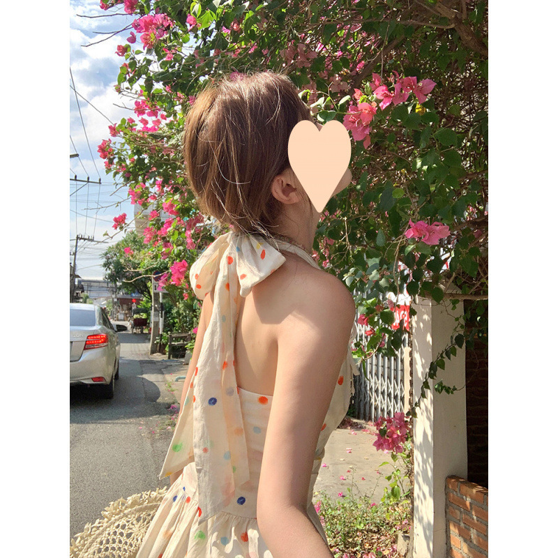 Polka Dot Halterneck Suspender Waist Dress Women's Summer French Mid-Length Collar Sweet Rainbow Umbrella Skirt