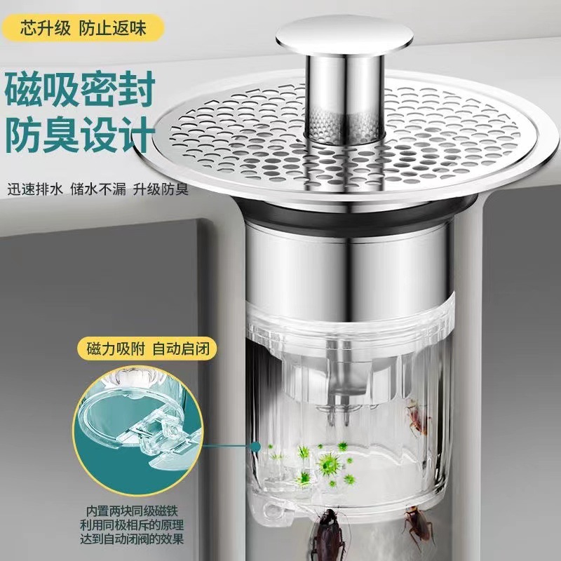 Drain stopper for leaking washbasin, face basin, sink, drain, sump, push-button anti-odor bouncing core magic device