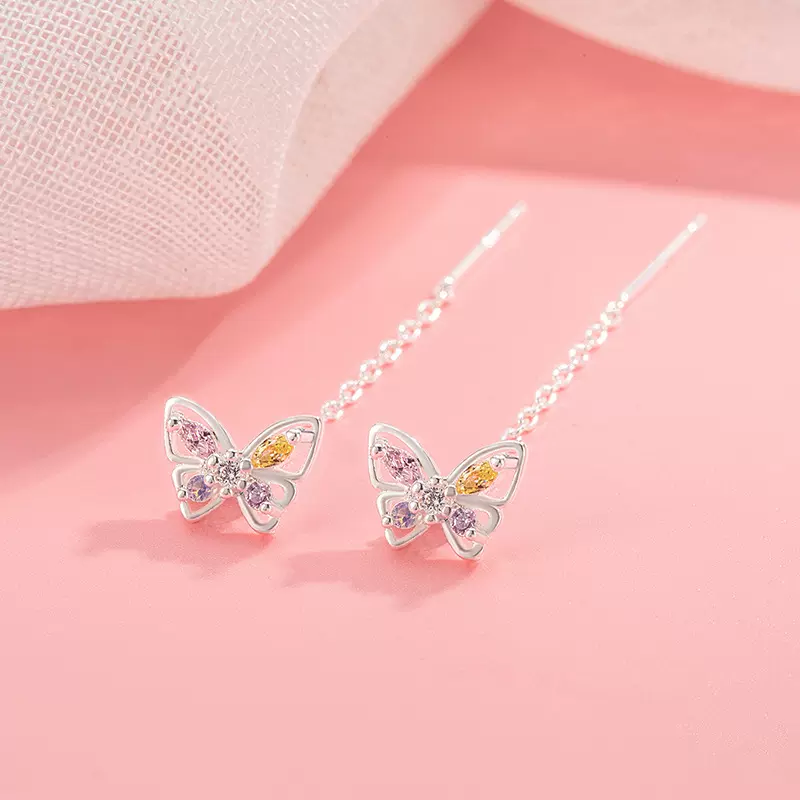 气质彩色锆石蝴蝶耳线女夏季小众设计感高级轻奢耳环新款潮女耳饰