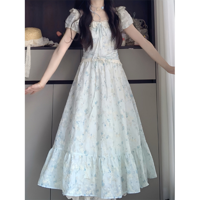 女性用フレンチスイートフローラルパフスリーブドレス、夏の美しいプリンセスドレス、ウエストを絞ったホリデースタイルの妖精のロングドレス|undefined