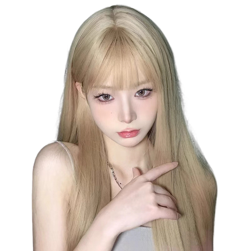 Pelucas transfronterizas europeas y estadounidenses pelucas blancas rubias mujeres verano delgada cabello largo y recto moda natural sin marcas invisible cubierta de cabeza completa