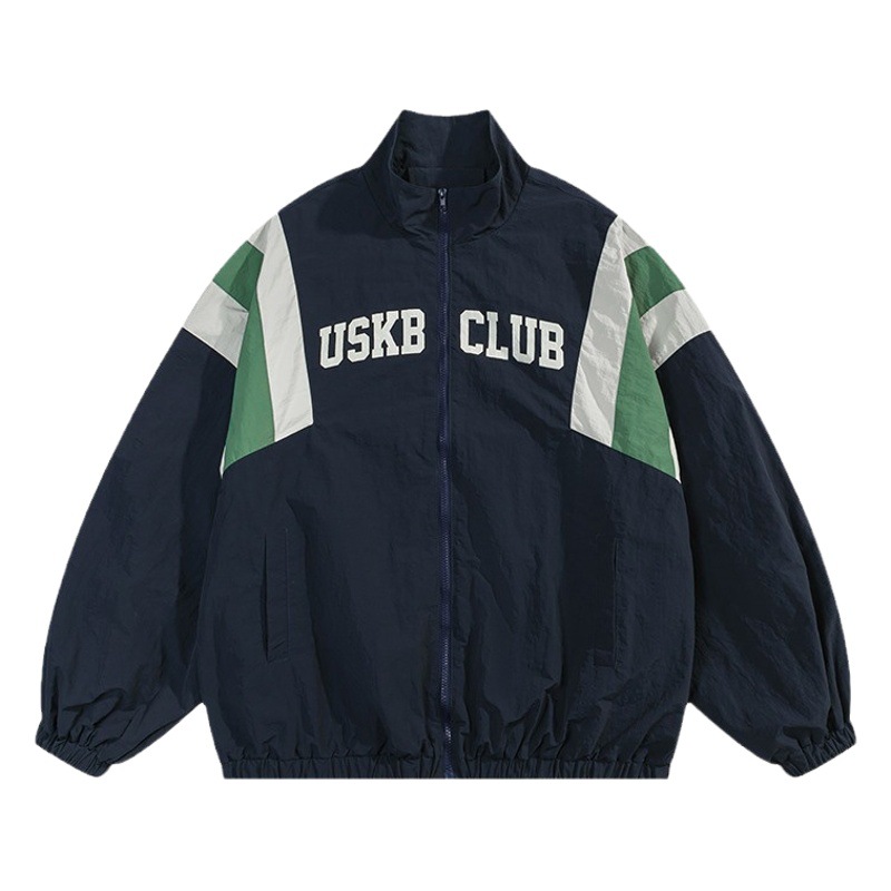 American retro calle costura stand collar chaqueta hombres y mujeres 2024 primavera nueva vintage deportes top