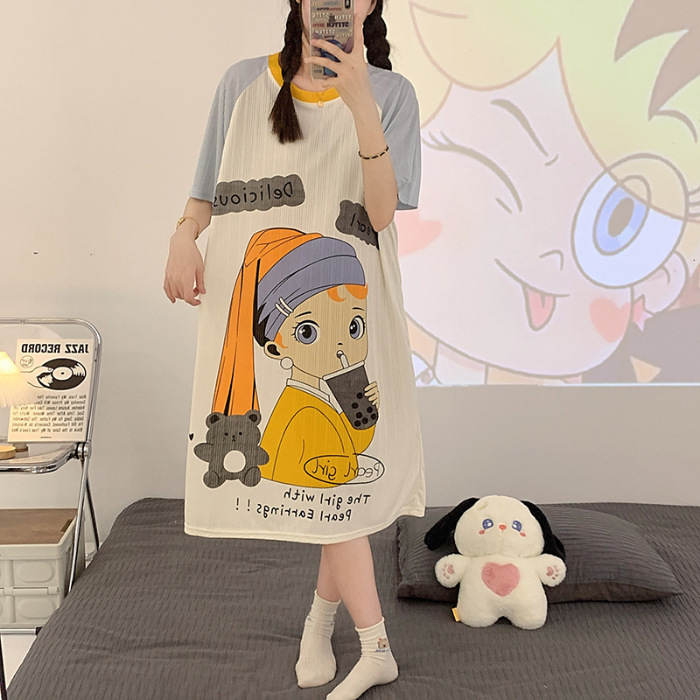 2023 camisón de verano cuello redondo de las mujeres de dibujos animados estudiante Delgado pijamas de manga corta
