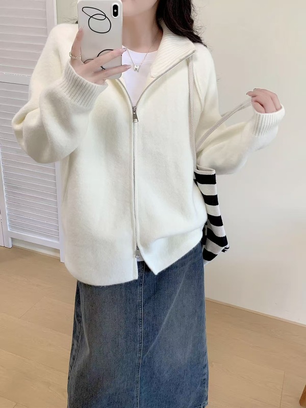 跨境慵懒风毛衣外套女2025秋冬新款韩系纯色立领拉链针织开衫|undefined