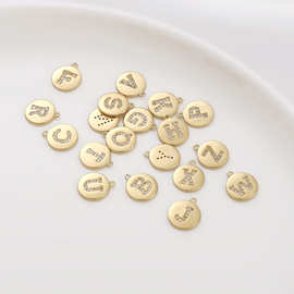 保色14K包金铜镶锆圆形26个字母吊坠手链项链手工diy饰品配件E18