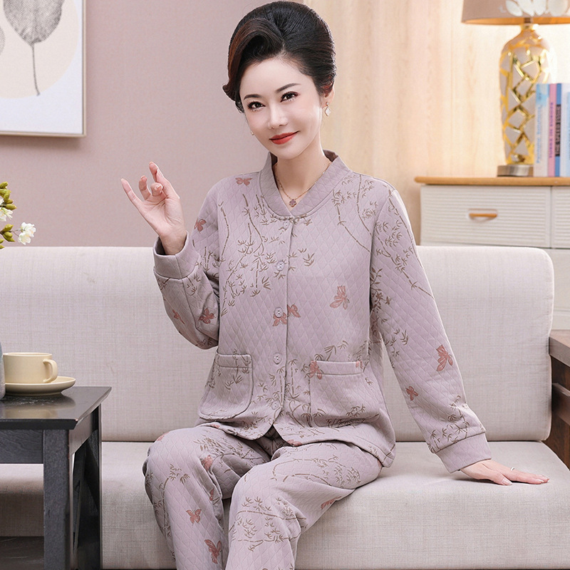 One-Piece Drop-Shipping Middle-Aged Women's Autumn and Winter Long-Sleeve Quilted Cardigan Air Cotton Home Wear Set