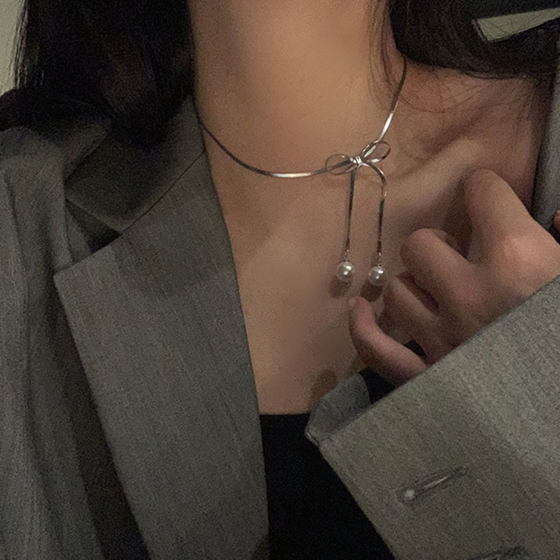 fashion titanium steel bow pearl pendant geometric necklace