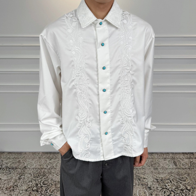 Old money style cleanfit turquoise textured pleated shirt for men, trendy Korean version, collared long-sleeve shirt Old money style cleanfit turquoise textured pleated shirt for men, trendy Korean version, collared long-sleeve shirt