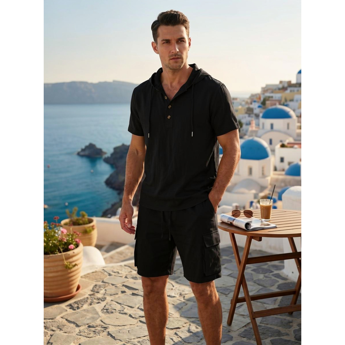 Cross-border European size American style men's summer short-sleeved hooded casual loose breathable Henley shirt and shorts set