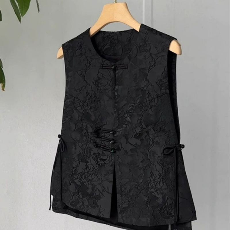 Chinese Style High-End Black Jacquard Vest Women's Summer Retro New Chinese Style Buttoned Round Neck Waistcoat Top