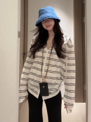 早秋条纹连帽开衫女韩版宽松慵懒风防晒长袖百搭上衣纽扣外套2025