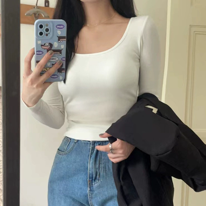 Корейская версия квадратного воротника с нагрудными подушечками и шерстяными нижними рубашками тонкая осенняя эластичная футболка термобелье