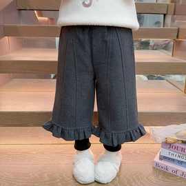 女童花边加绒裤子秋冬季2025新款洋气女宝宝冬装假两件休闲束脚裤