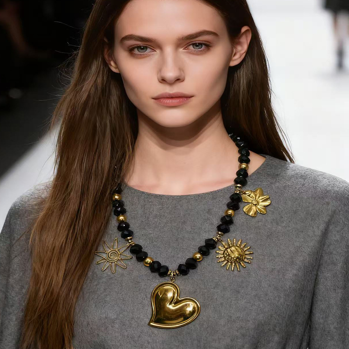 欧美跨境外贸大牌新款花系列不锈钢18K金不褪色吊坠串珠项链首饰