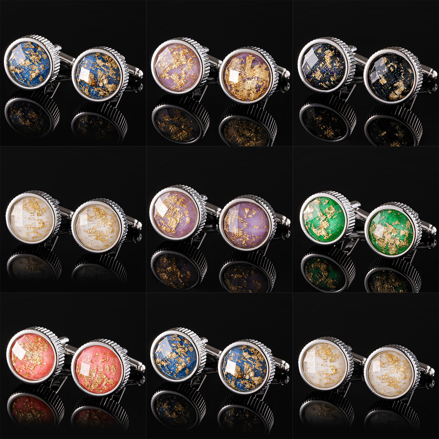 French Cufflinks for Men with Gold Particle Decoration Round Silver Cufflinks Shirt Buttons Gift Box