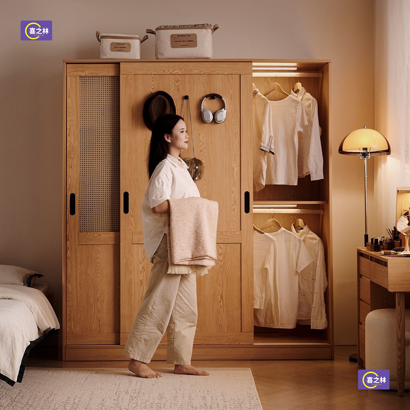 Japanese Oak Sliding Door Wardrobe Home Bedroom Nordic Solid Wood Modern Simple Sliding Door Finished Wardrobe Storage Cabinet