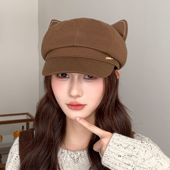 猫耳朵八角帽女春秋日系卡通宽檐显脸小鸭舌贝雷帽休闲百搭画家帽
