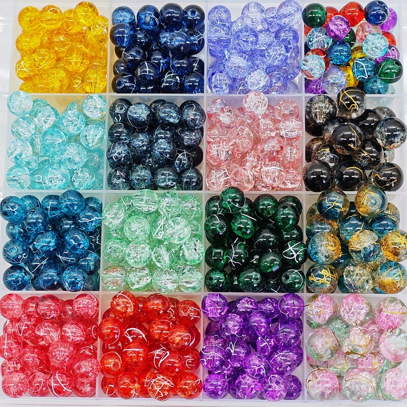 8-10mm Single-Color Brushed Crackle Beads Single-Color Silver Thread Ice-Cracked Glass Beads DIY Beaded Bracelet Necklace Loose Beads