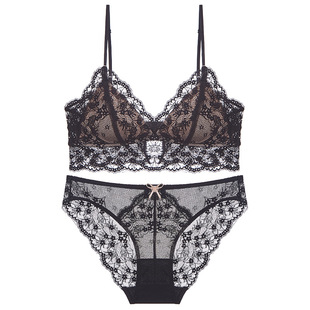 Cross-Border French Sexy Underwear Women's Thin Triangle Cup No Rims Bra Spaghetti Straps Beautiful Back Lace Underwear Set