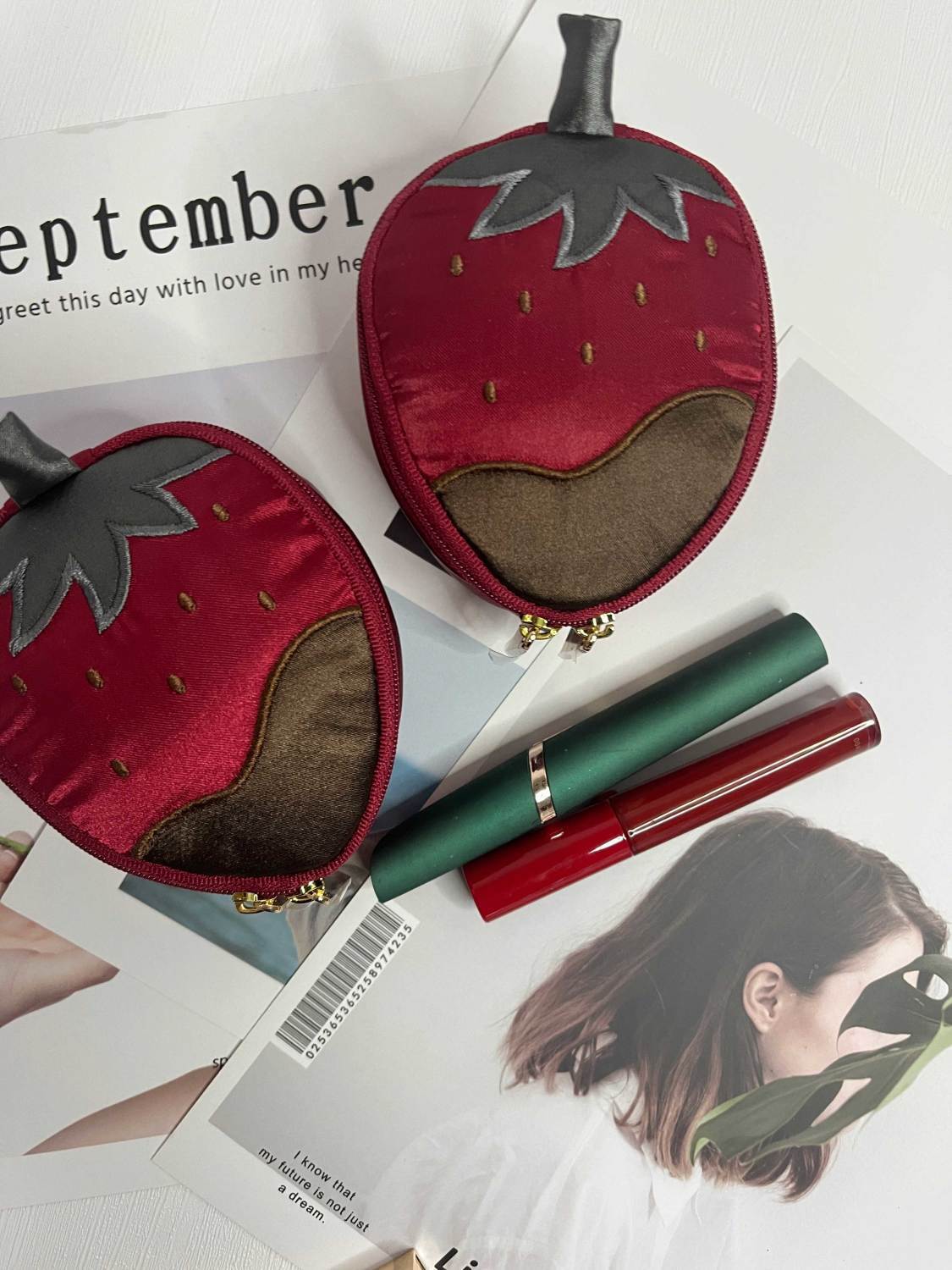 Bonita caja de joyería de fresa bordada portátil mini bolso rosa vino rojo masculino mujer madura