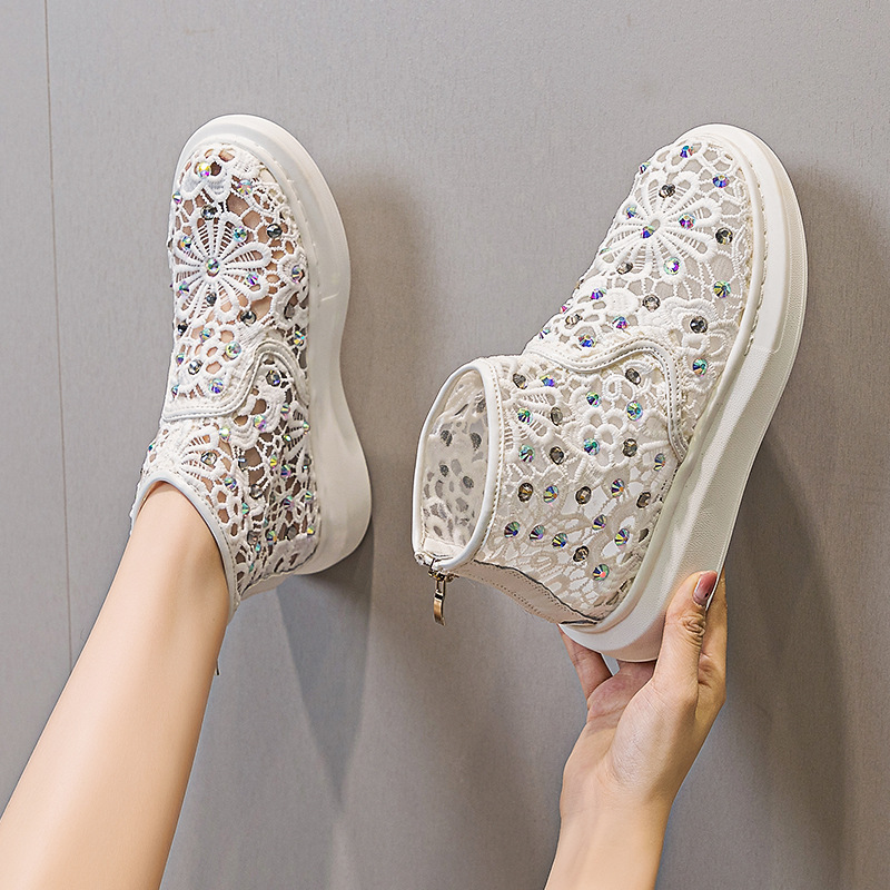 Genuine Leather Lace Mesh Rhinestone High-Top White Sneakers for Women, 2026 Summer New Model, Full Rhinestone Casual Fashion Perforated Women's Shoes