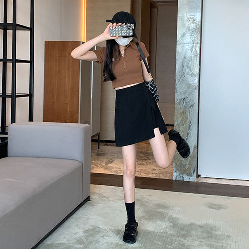 Large size black slit skirt 2023 summer new fat MM high waist slim skirt irregular A-line culottes