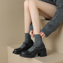 高跟一字带玛丽珍鞋女2025秋季新款圆头百搭浅口粗跟单鞋女小皮鞋