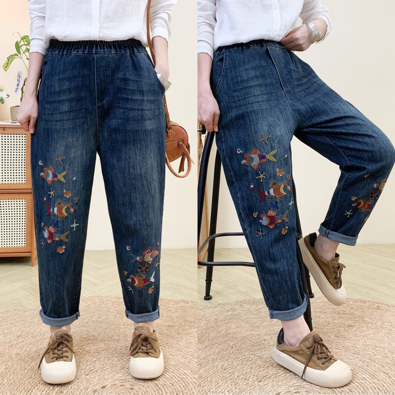 文学レトロ花刺繍ストレッチジーンズ女性の春夏の新しいルーズプラスサイズスリム多用途ハーレムパンツ|undefined