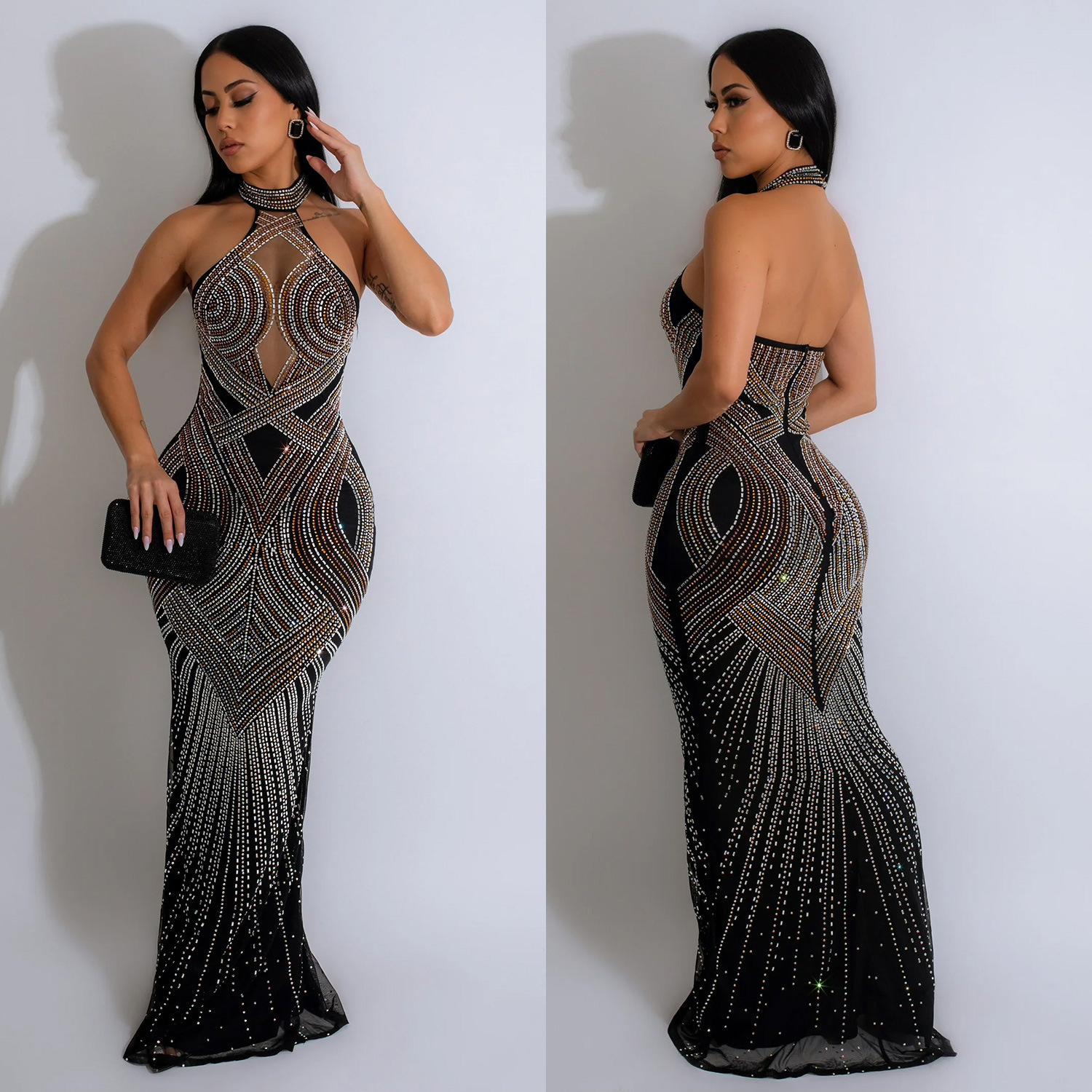 C6811 transfronteriza AliExpress Amazon de moda europea y americana de las mujeres de color sólido de malla rhinestone vestido Halter vestido