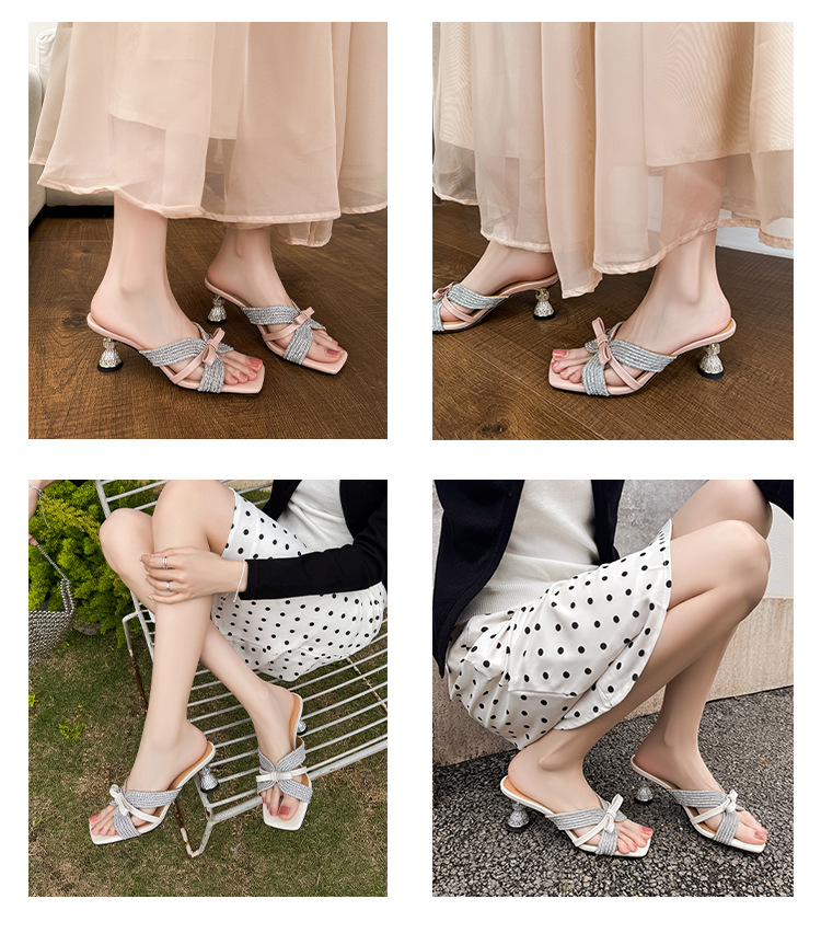 Sandal cao gót nữ hở mũi đính đá pha lê, quai ngang nơ bướm, gót 9 cm — màu hồng, màu trắng ngà chi tiết 7