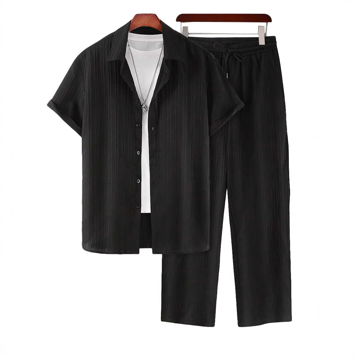 Nuevo nuevo transfronterizo Europa y América Amazon hombre Hawaii negocios casual suelto manga corta camisa larga set