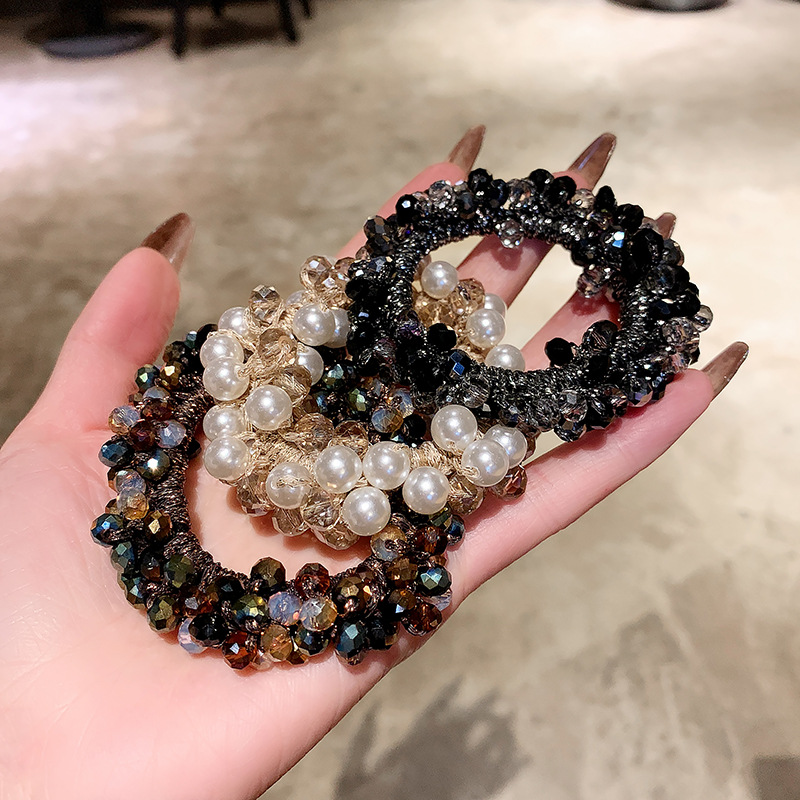 New internet celebrity temperament headband pearl crystal hair band for women high-end ponytail hair band rubber band ball hair accessory