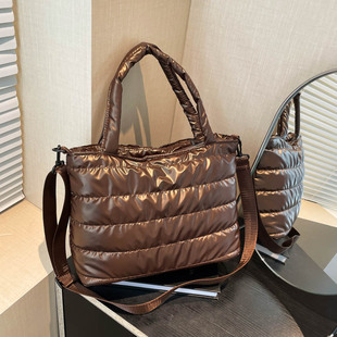 Cotton-padded jacket Women's Bag 2023 Autumn and Winter New Arrival Embroidered Space Cotton Shoulder Handbag Fashionable Bright Face Women's Crossbody Bag