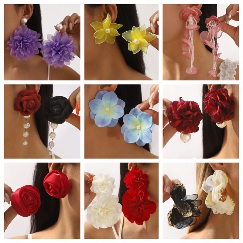 E13580 Summer Sweet Fresh Exaggerated Flower Earrings Fashion Design Casual Holiday Fabric Pearl Earrings