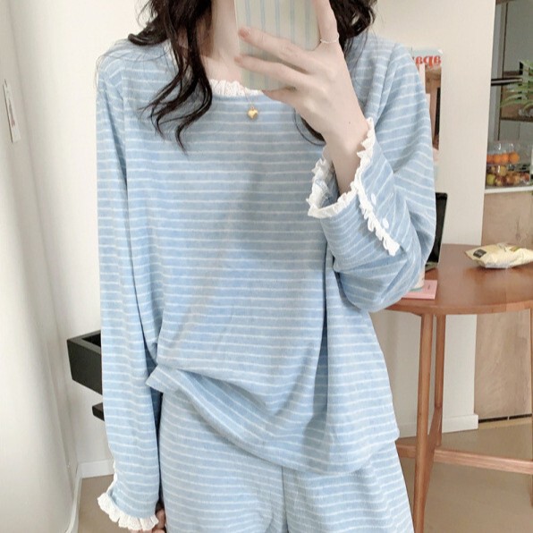 Korean Ins Women's Korean Stripesd Terry Cloth Velvet Knitted Suit Simple and Comfortable Lace Pajamas Home Wear Korean Ins Women's Korean Stripesd Terry Cloth Velvet Knitted Suit Simple and Comfortable Lace Pajamas Home Wear