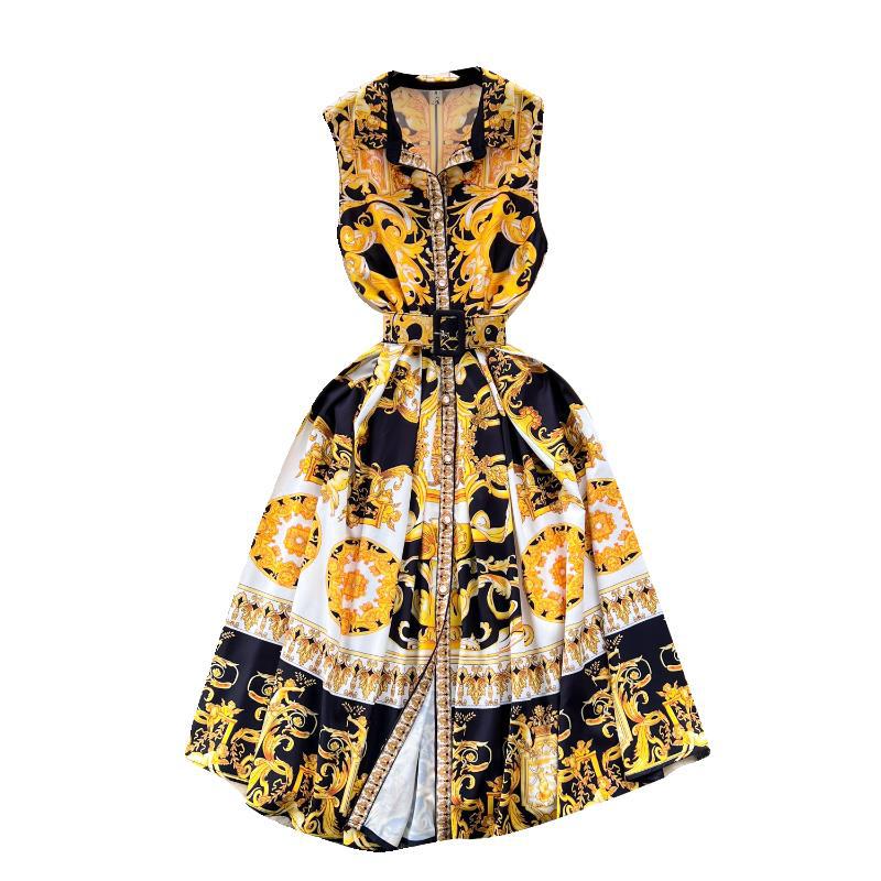Vintage Baroque Print Sleeveless Dress – High Waist A-Line Dress With 3D Floral Embroidery (5 Sizes, Breathable Stretch Fabric)_ecoleips.com