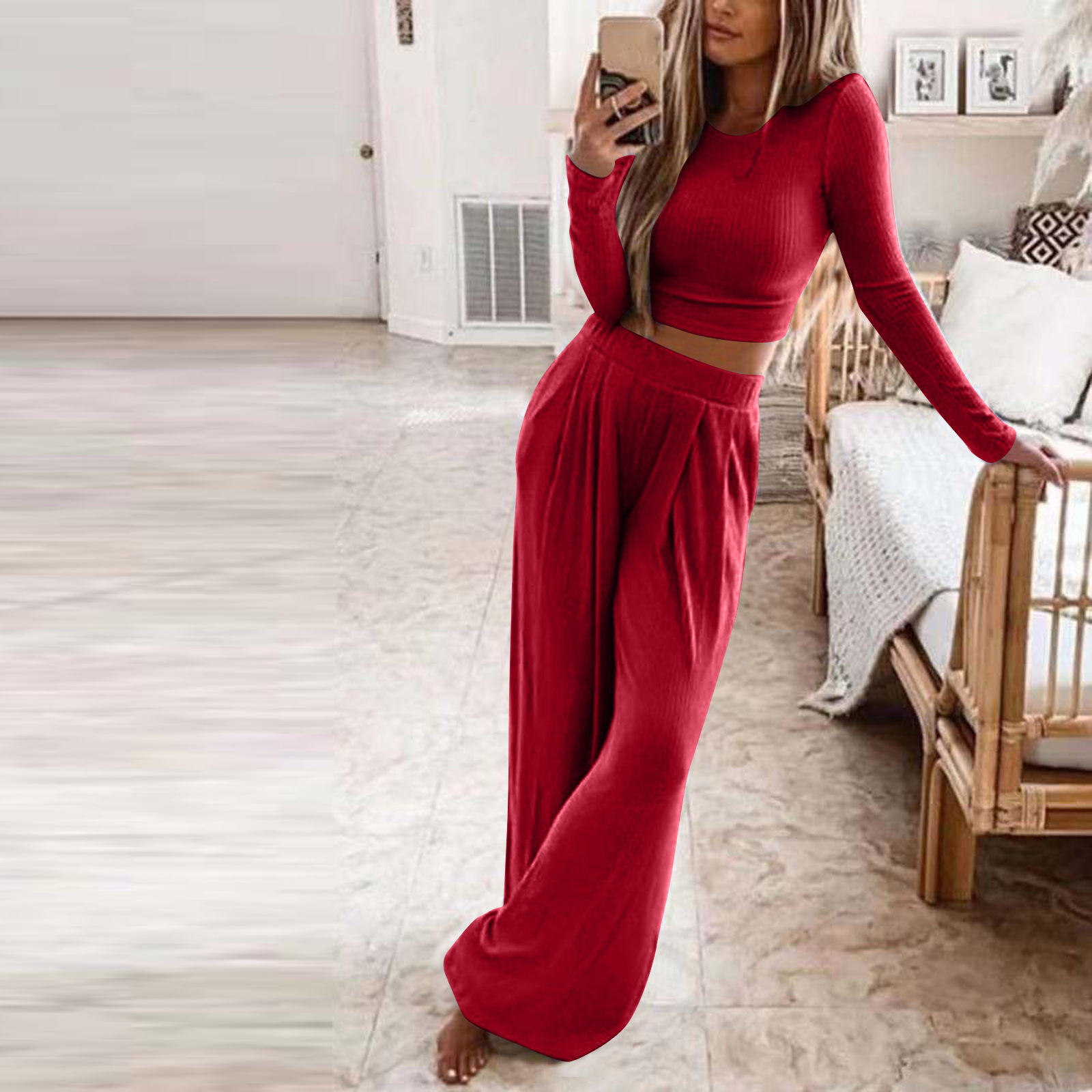 Solid Color Pattern Daily Women'S Fashion Solid Color Cotton Blend Polyester Patchwork Pant Co-ord Set Pants Sets