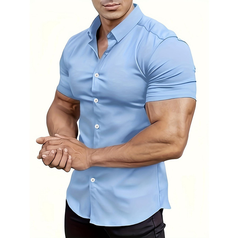 Men's Shirts Cross-Border New Muscle Men's Summer Shirts Casual Fashion Solid Color Shirts Thin Short-Sleeved Shirts for Men