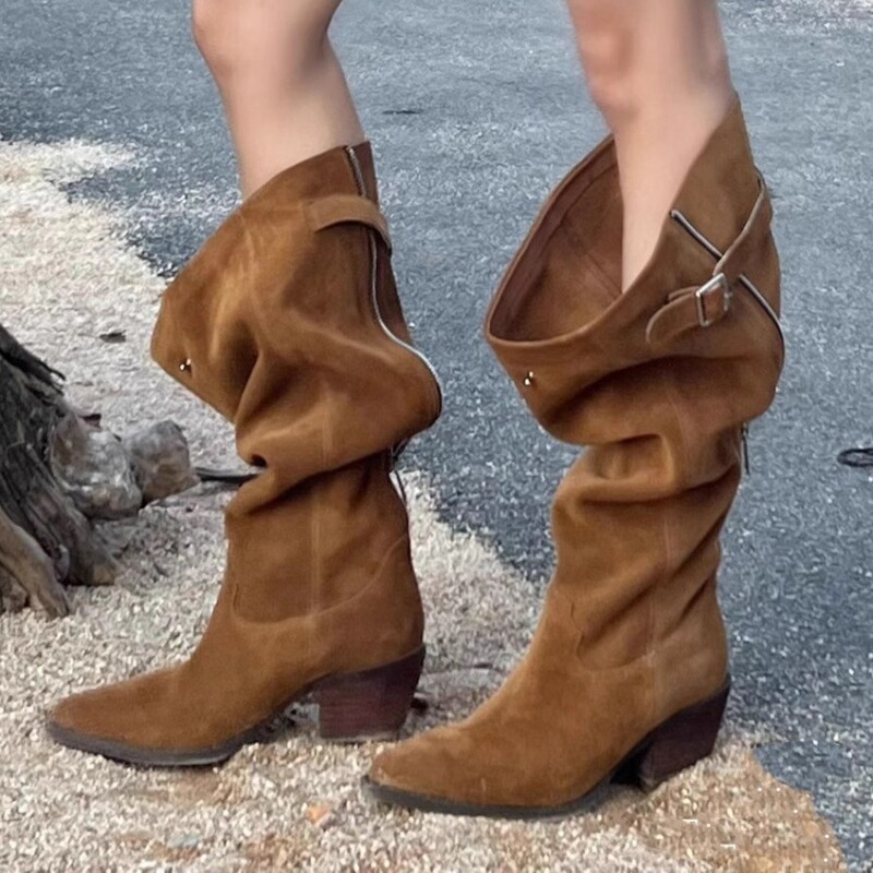 Pointed Toe Large Tube High Heel Stacking Boots Niche Design Rear Zipper Retro Western Cowboy Boots Thick Heel Boots Women Pointed Toe Large Tube High Heel Stacking Boots Niche Design Rear Zipper Retro Western Cowboy Boots Thick Heel Boots Women