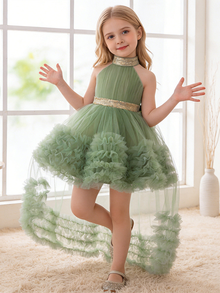 2026 nuevo vestido de princesa de malla de niñas vestido de noche sin mangas colgando el cuello vestido de niños vestido de espectáculo en stock