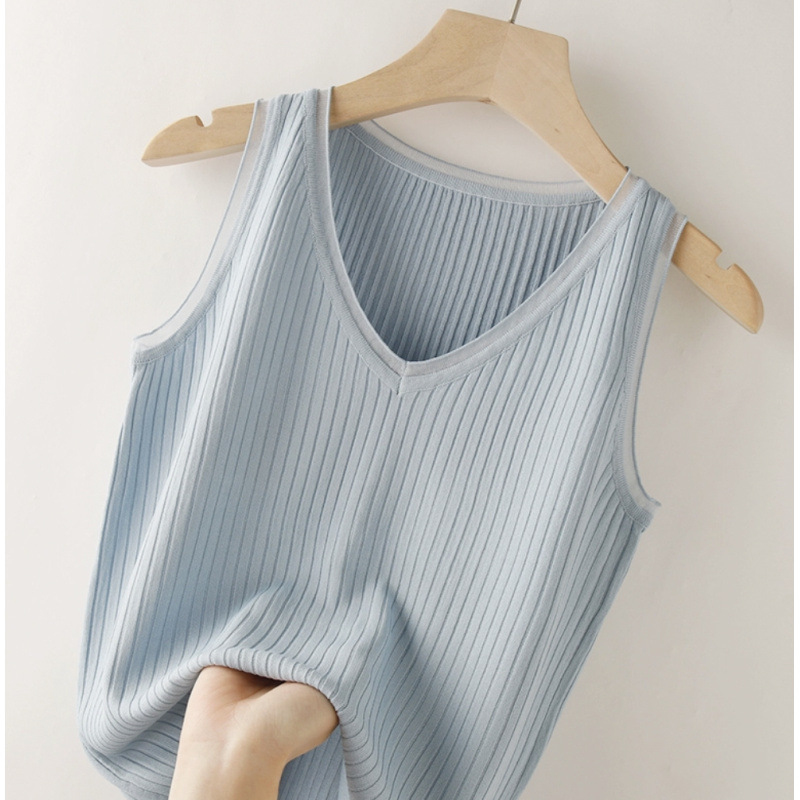 25 Summer Ice Blue Ice Silk Knitted Vest Suspbottomer for Women's Outerwear Casual Easiest for Match Sleeveless Top Suit Bottoming