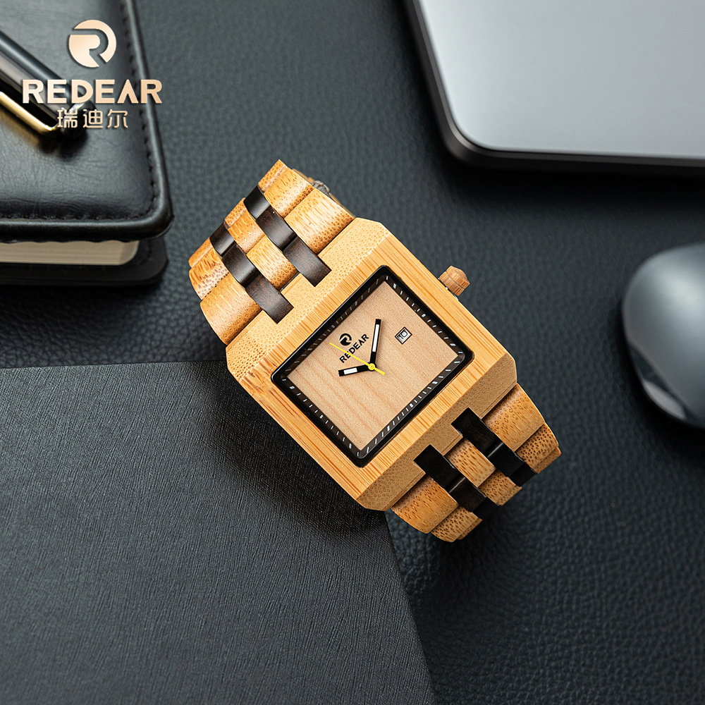 厂家直售新款方壳男式木手表 石英带日历机芯 外贸热卖货源